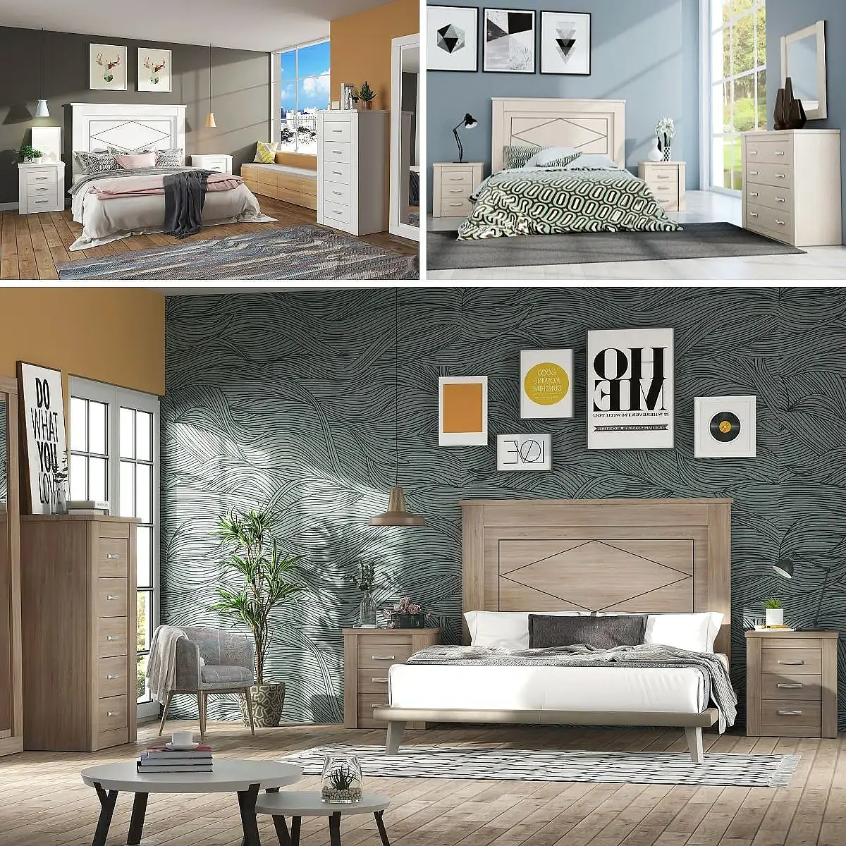 Dormitorio Completo Marsella cabecero + 2 mesitas + comoda y espejo