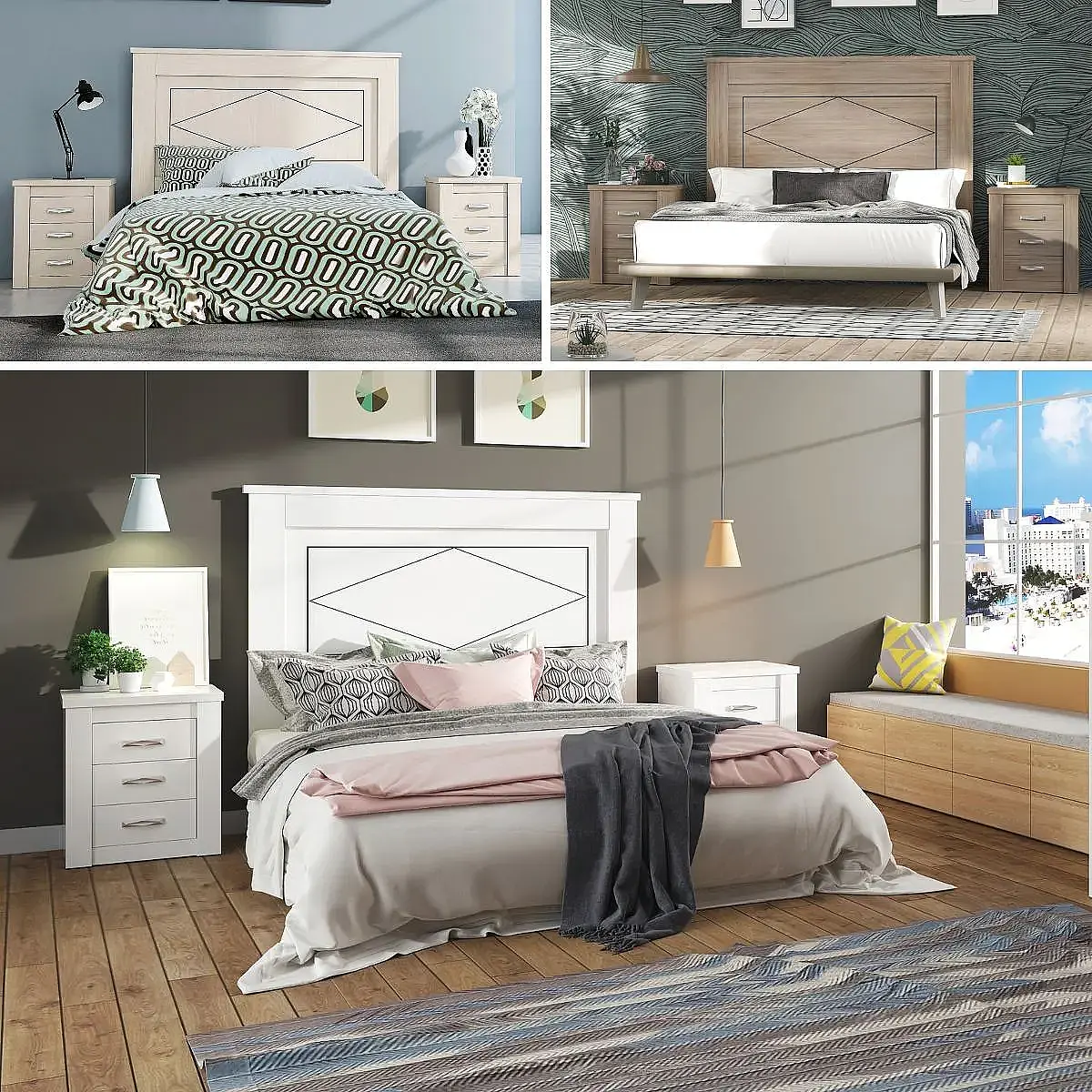 Dormitorio Completo Marsella cabecero + 2 mesitas + comoda y espejo