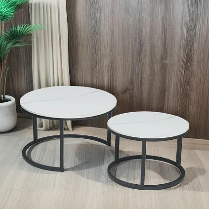 SET 2 MESAS CENTRO REDONDAS ELVIRA CERAMIC STONE BLANCO/GRIS