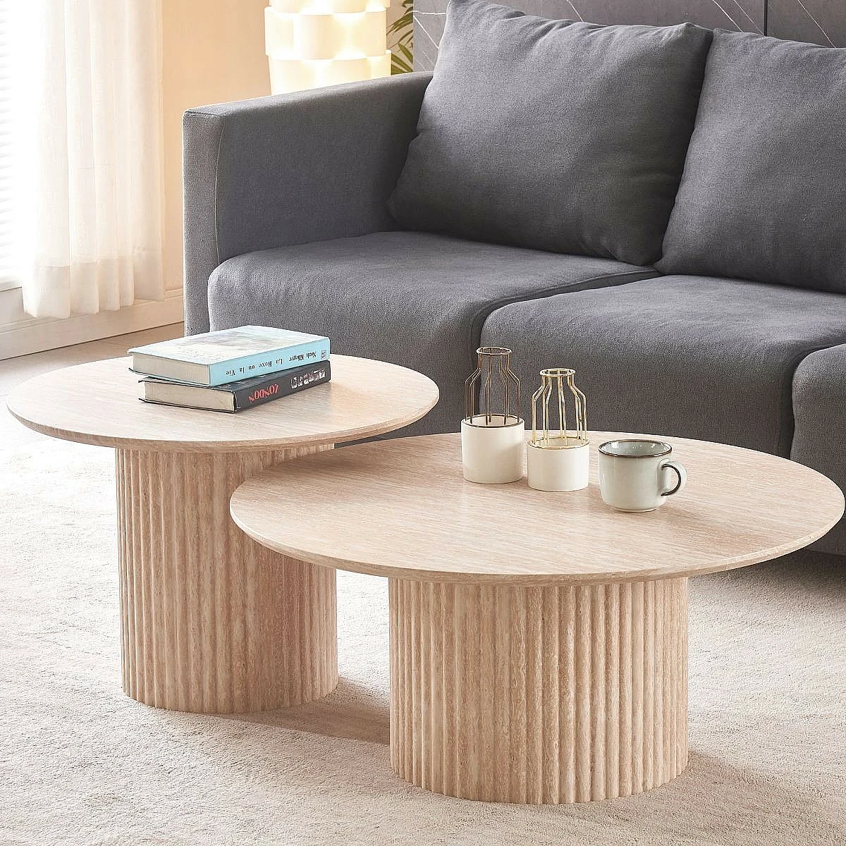 SET 2 MESAS CENTRO ESTRELLA TRAVERTINO 80X36 Y 60X42