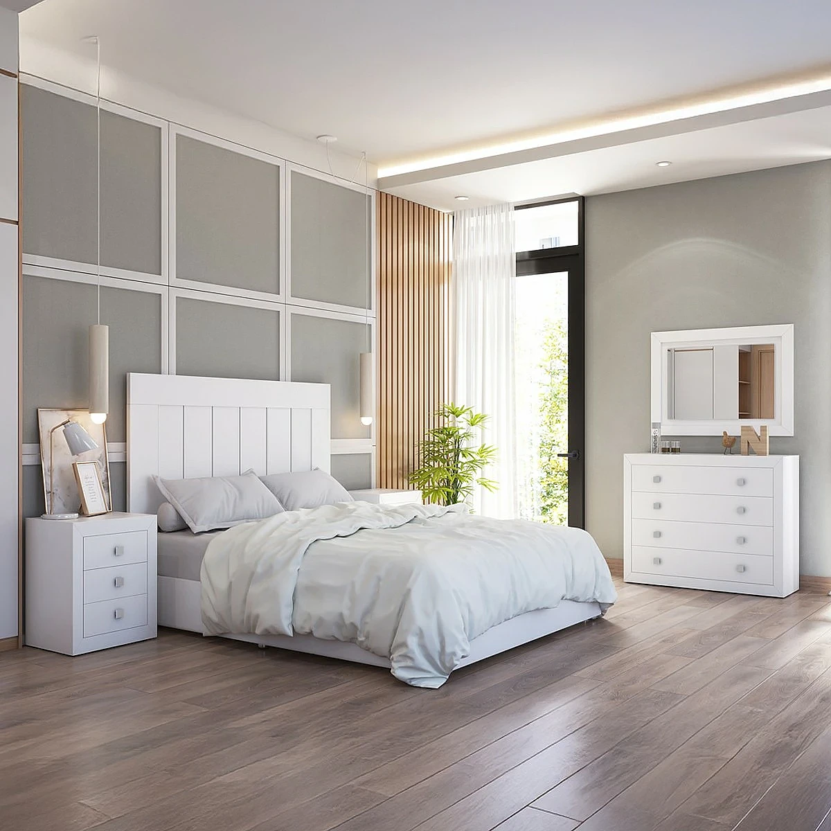 Dormitorio Completo Atenas cabecero + 2 mesitas + comoda y espejo