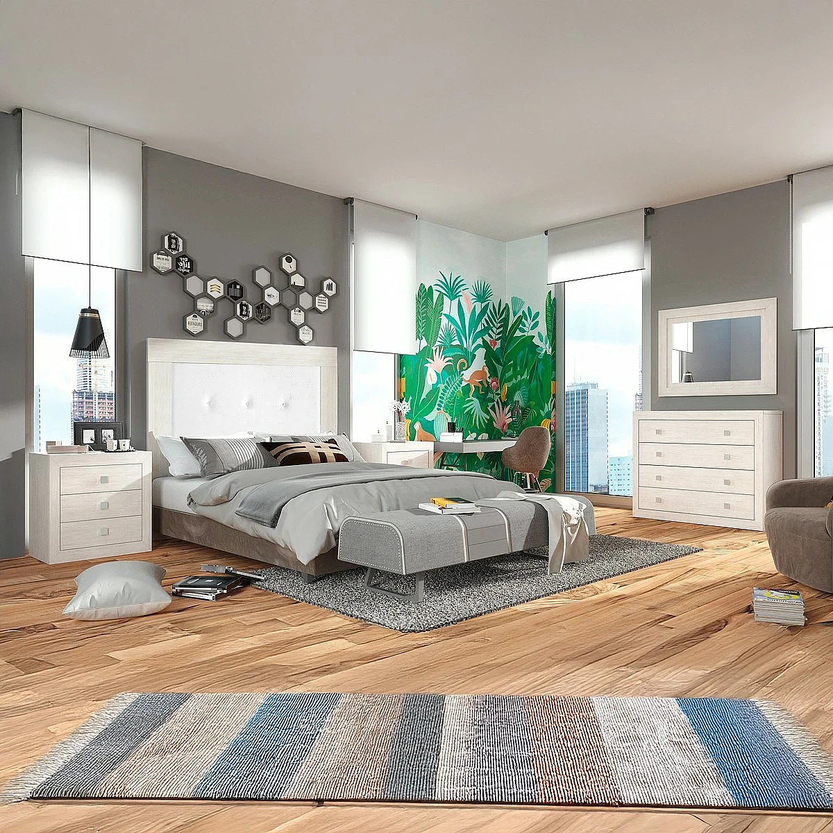 Dormitorio Completo París cabecero + 2 mesitas + comoda y espejo