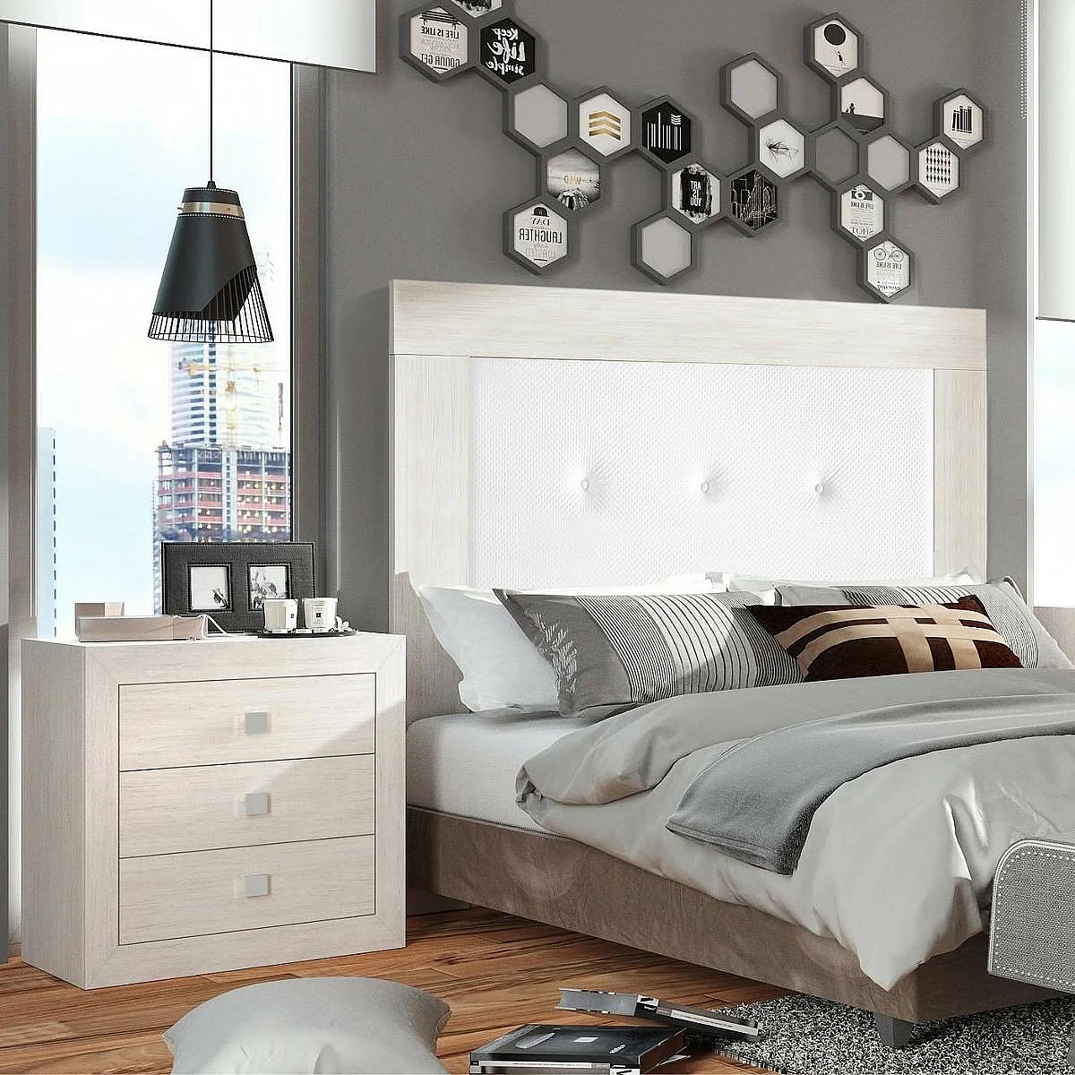 Dormitorio Completo París cabecero + 2 mesitas + comoda y espejo