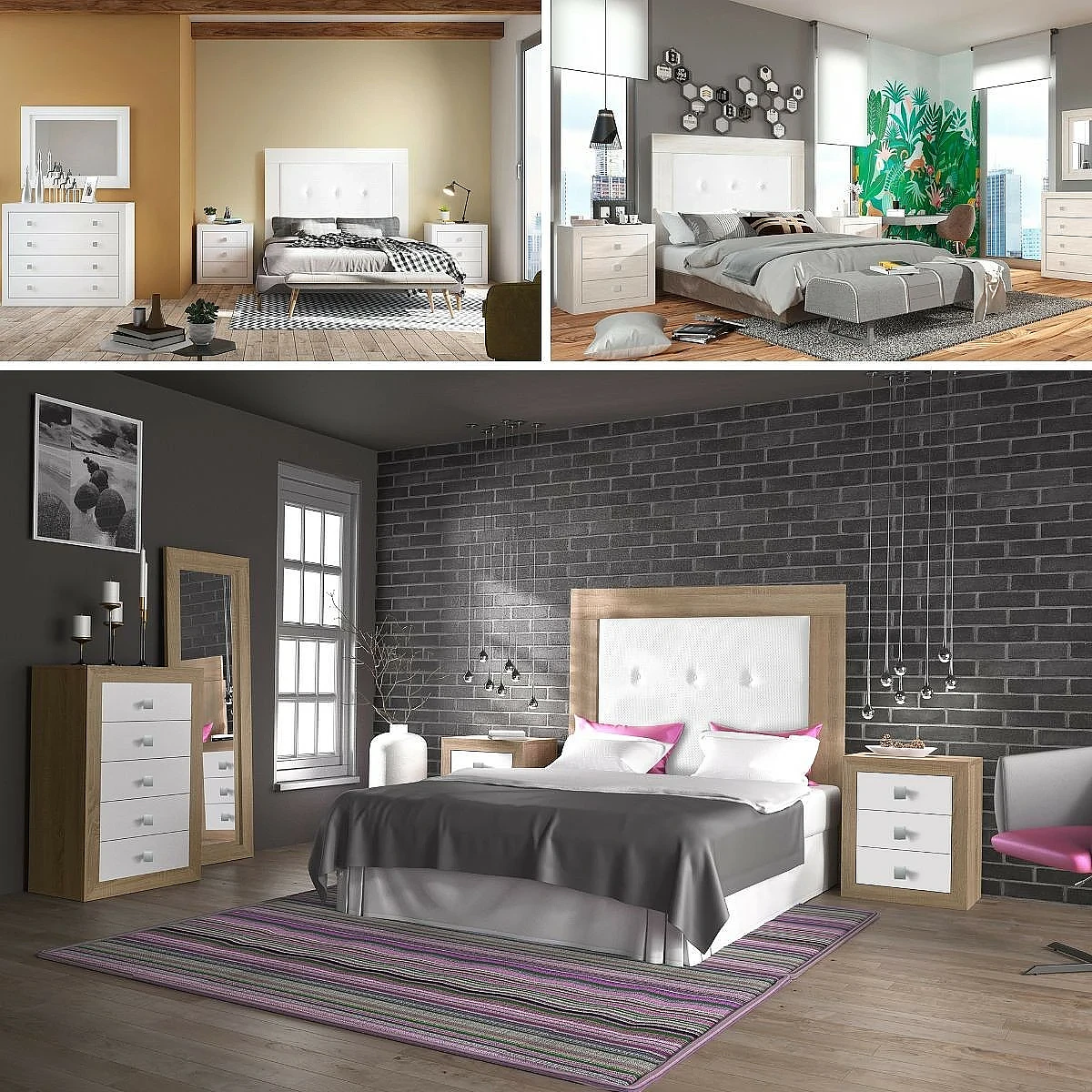 Dormitorio Completo París cabecero + 2 mesitas + comoda y espejo