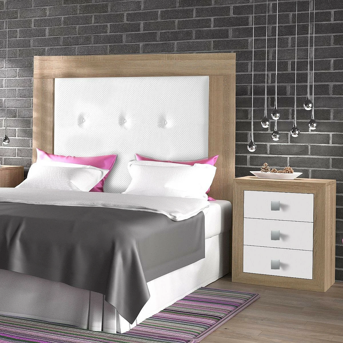 Dormitorio Completo París cabecero + 2 mesitas + comoda y espejo