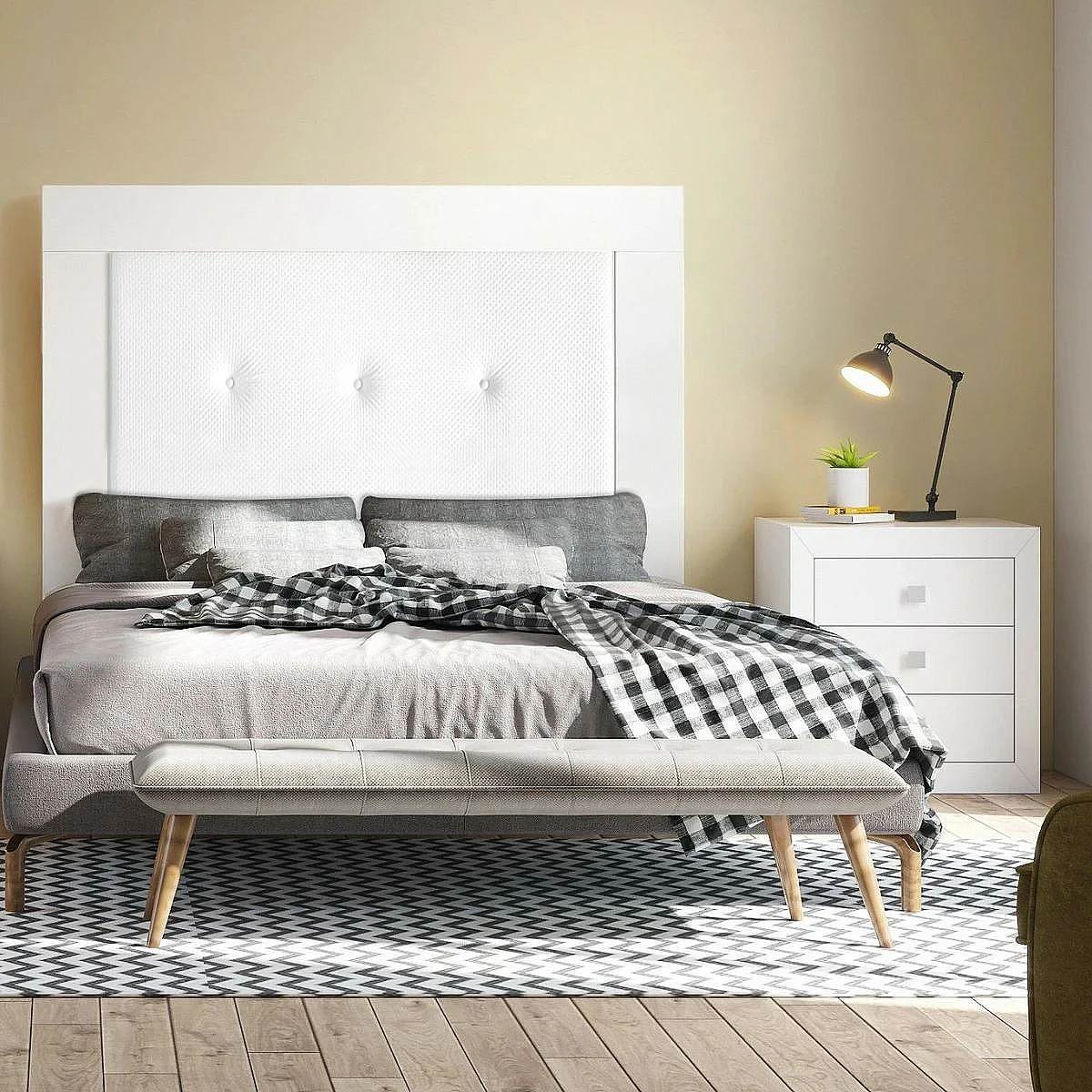 Dormitorio Completo París cabecero + 2 mesitas + comoda y espejo