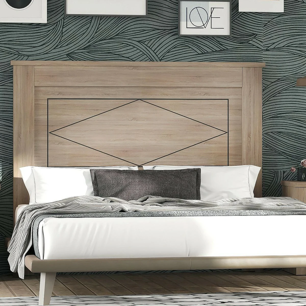 Dormitorio Completo Marsella cabecero + 2 mesitas + comoda y espejo