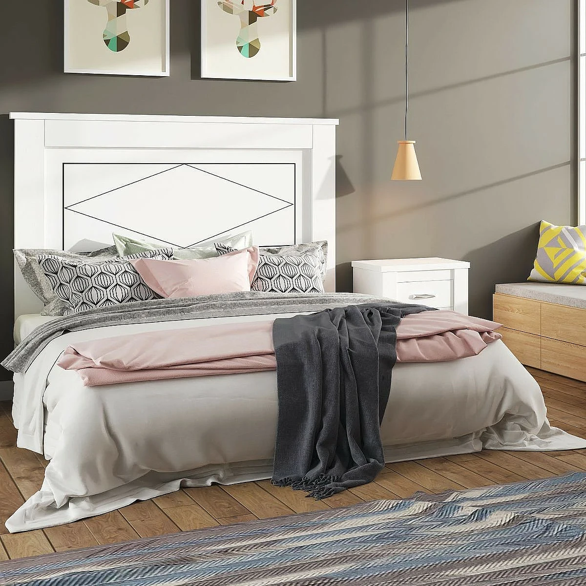 Dormitorio Completo Marsella cabecero + 2 mesitas + comoda y espejo