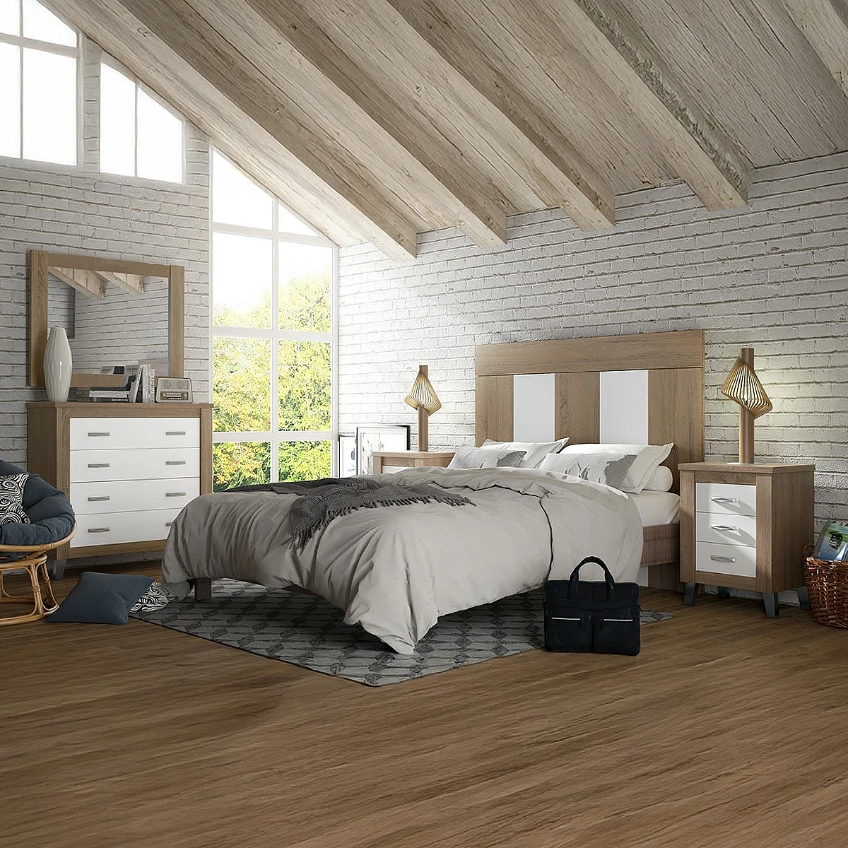 Dormitorio Completo Ibiza cabecero + 2 mesitas + comoda y espejo