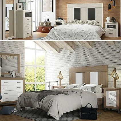 Dormitorio Completo Ibiza cabecero + 2 mesitas + comoda y espejo