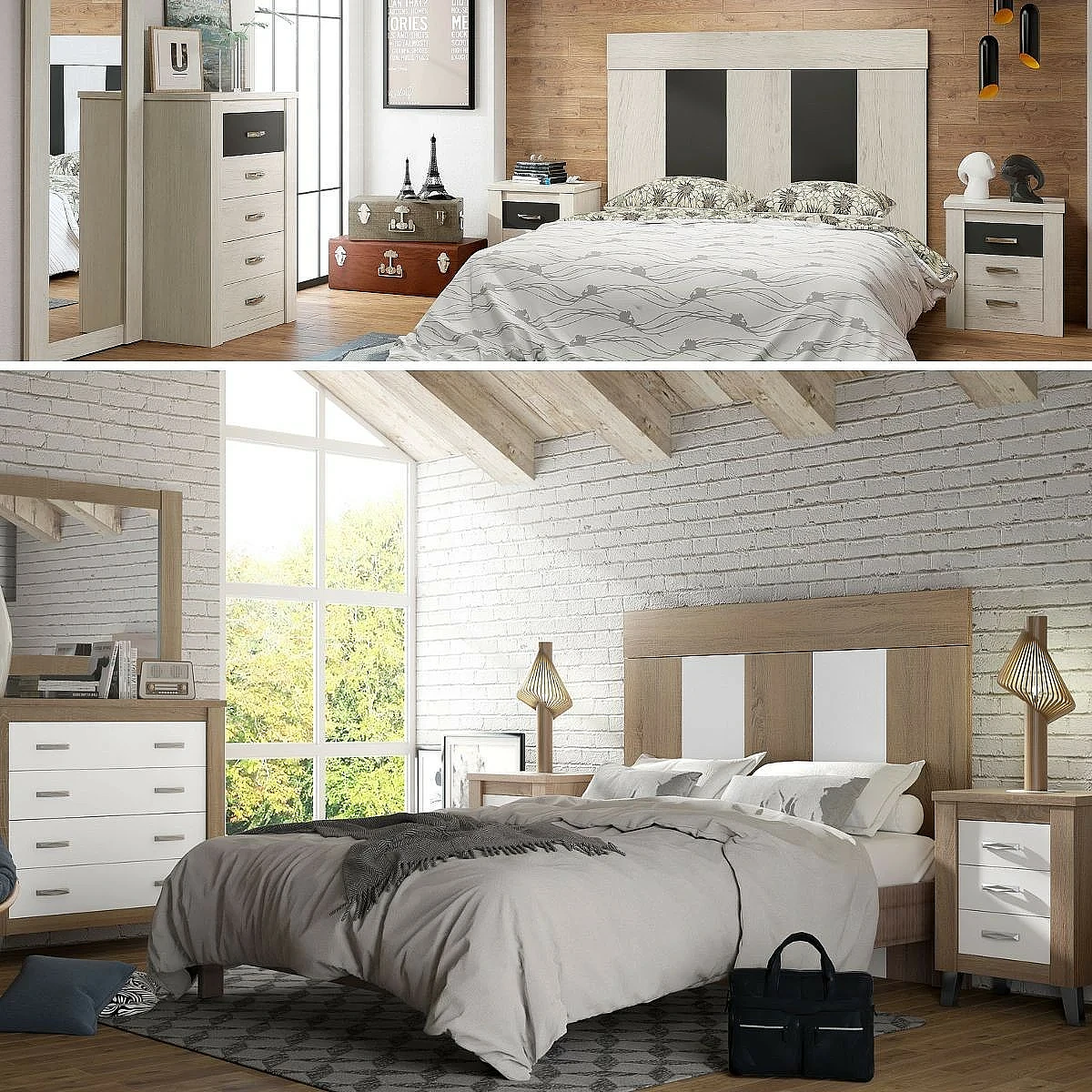 Dormitorio Completo Ibiza cabecero + 2 mesitas + comoda y espejo