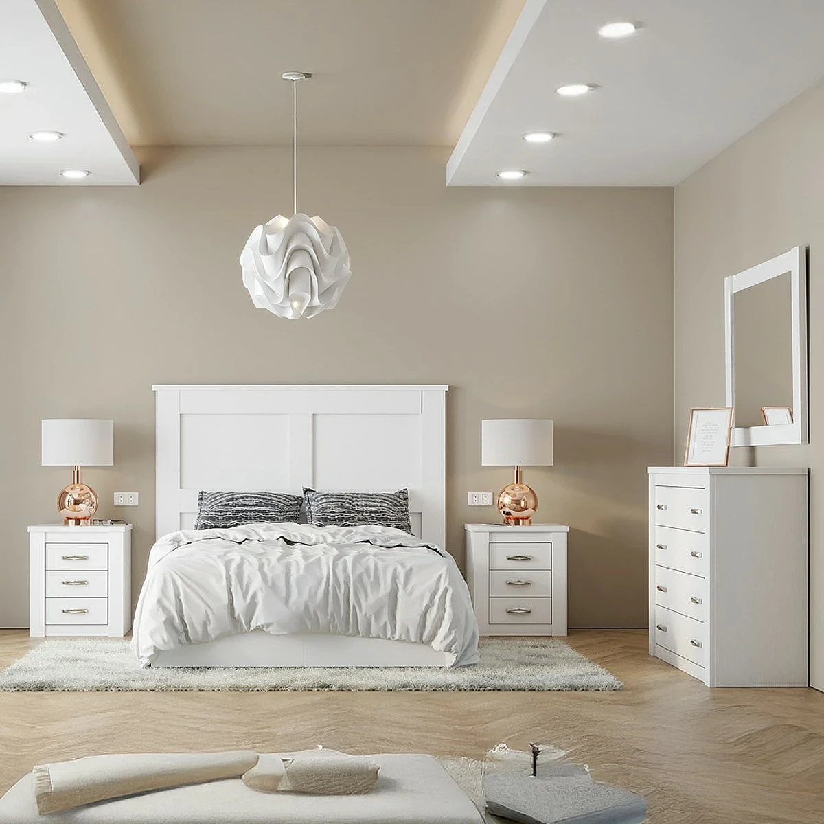 Dormitorio Completo Lima cabecero + 2 mesitas + comoda y espejo