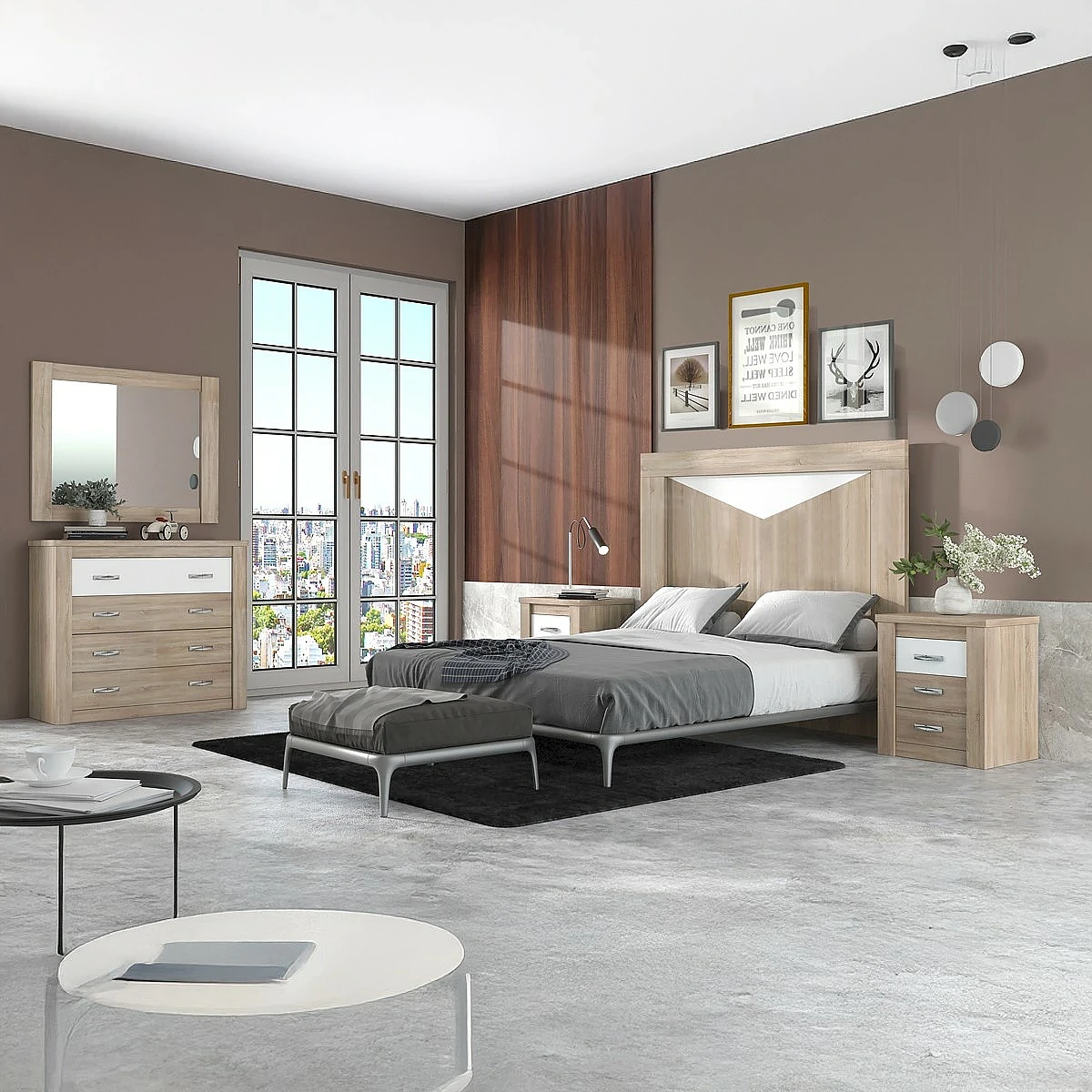 Dormitorio Completo Tokio cabecero + 2 mesitas + comoda y espejo