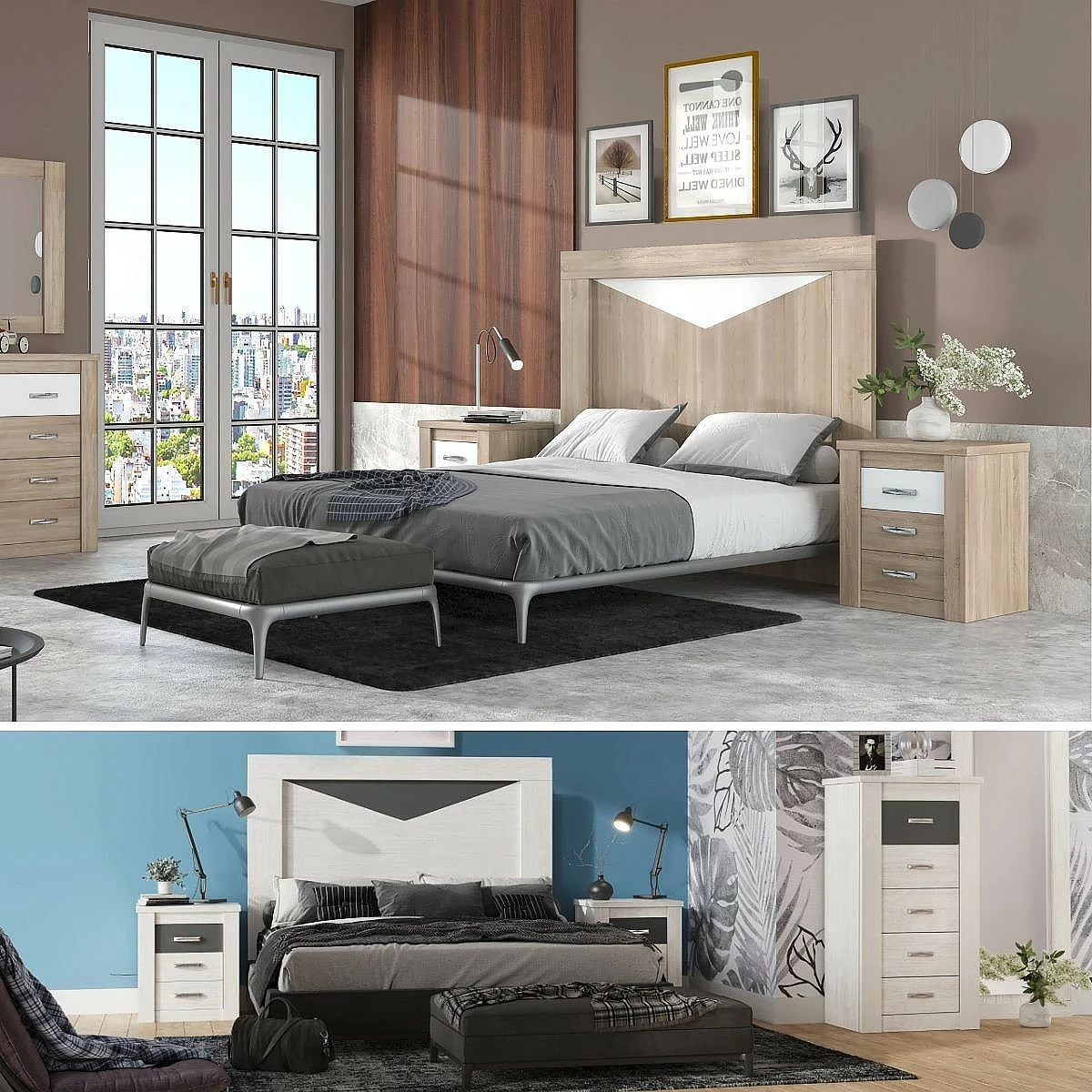 Dormitorio Completo Tokio cabecero + 2 mesitas + comoda y espejo