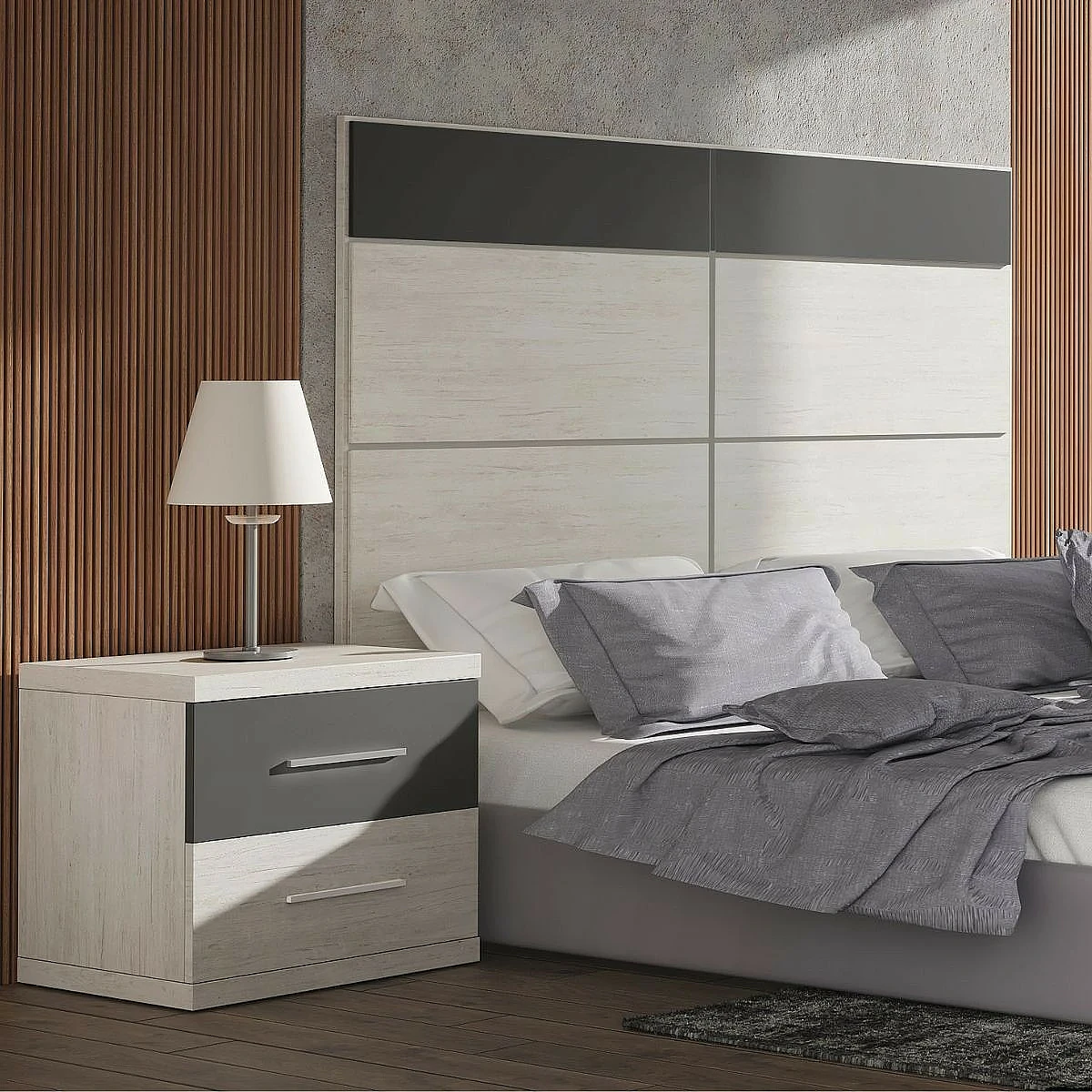 Dormitorio Completo Miami cabecero + 2 mesitas + comoda y espejo