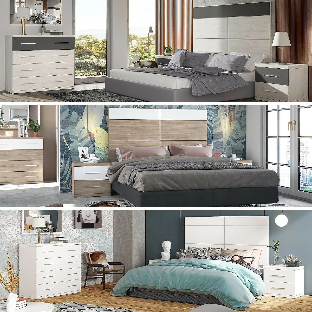 Dormitorio Completo Miami cabecero + 2 mesitas + comoda y espejo