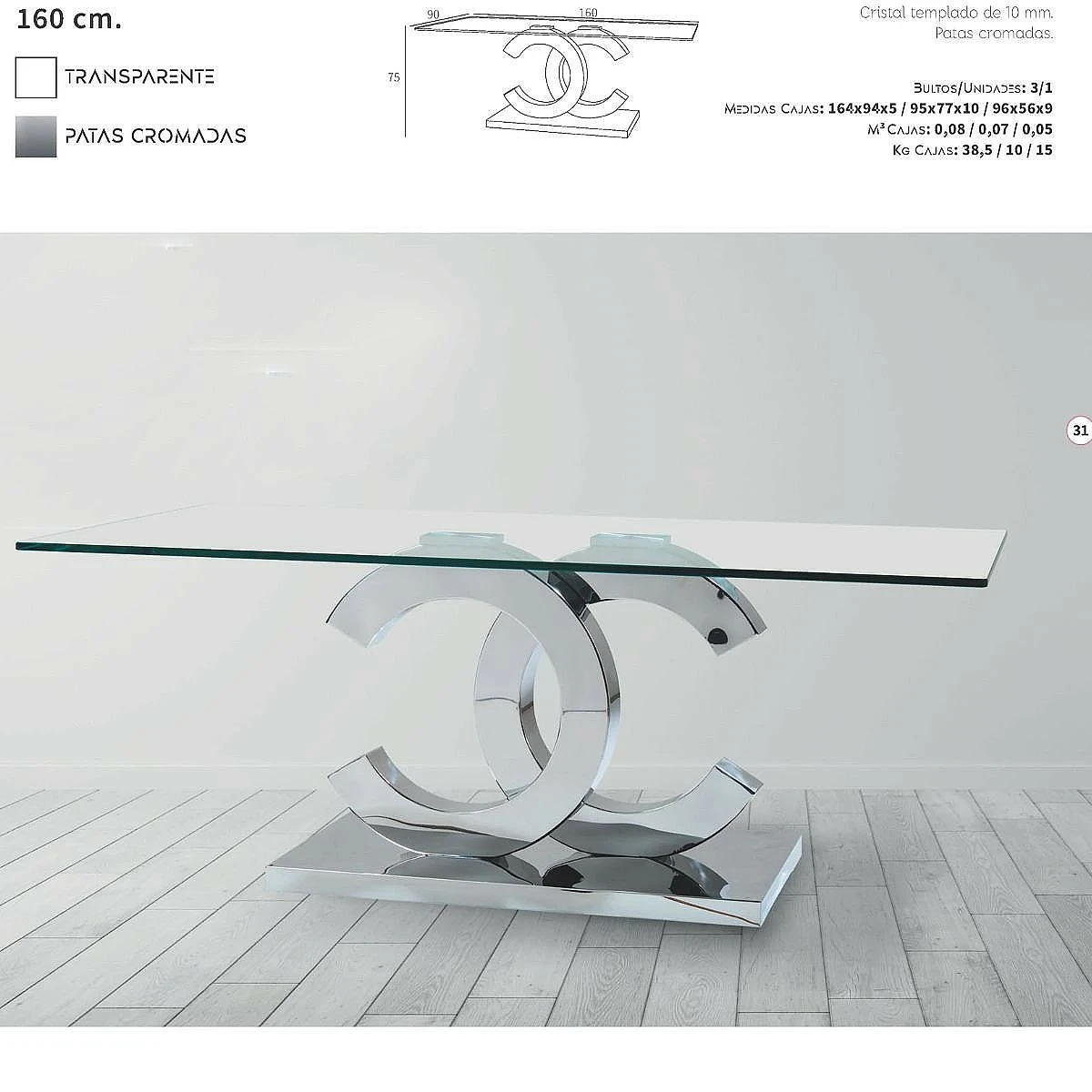 MESA COMEDOR LUNA 160X90 PATA CROMADA