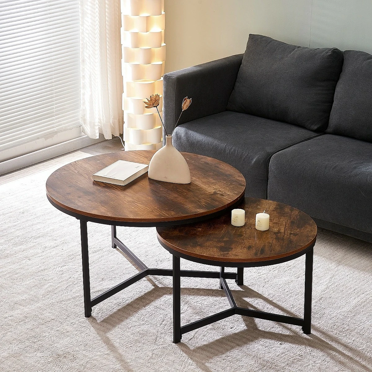 Set 2 mesas centro redondas Canela nogal