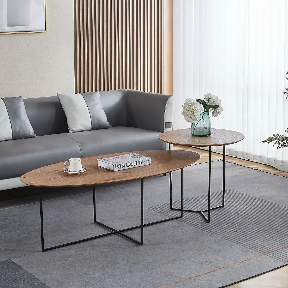 Set 2 mesas centro redonda y ovalada Bohemia roble