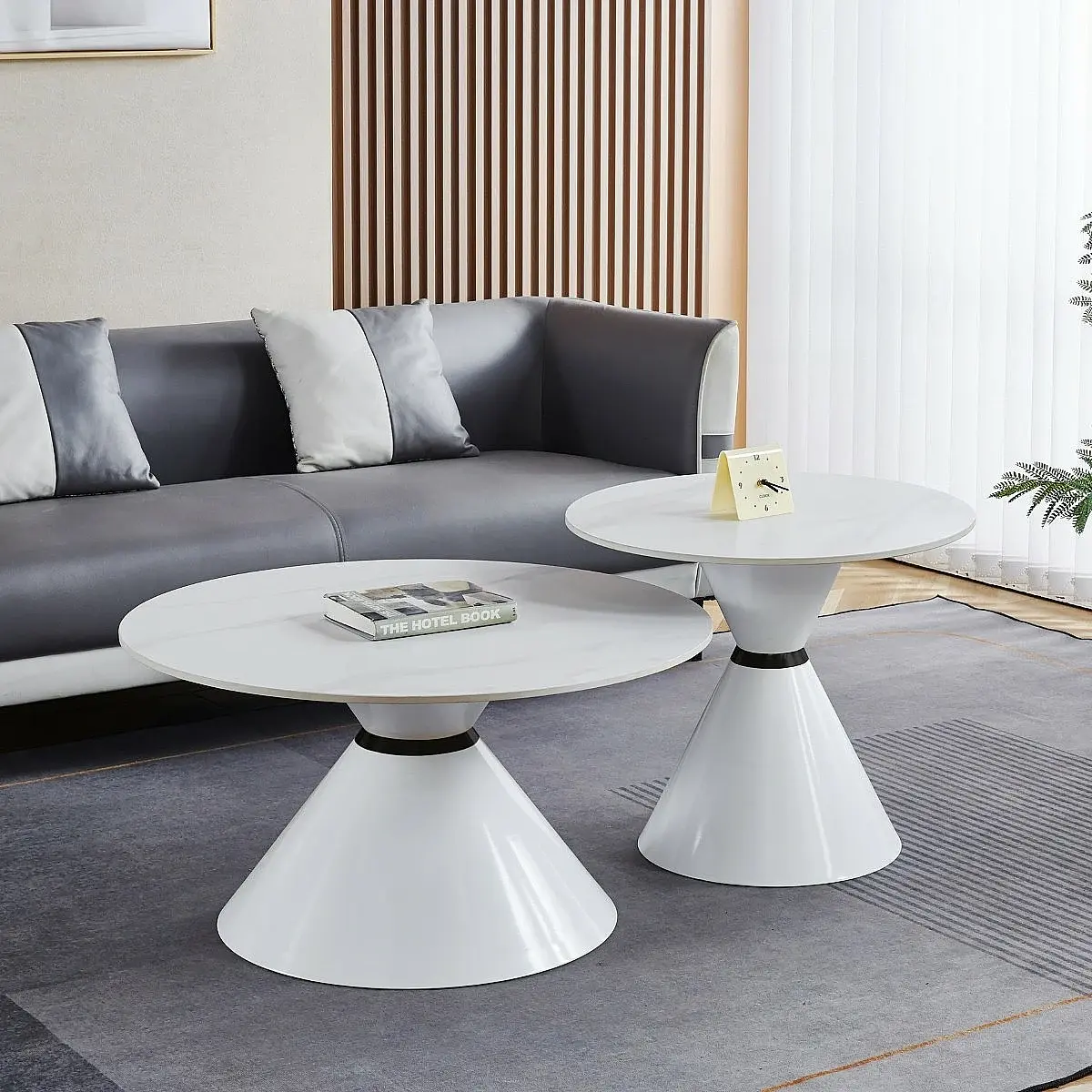 Set 2 mesas centro redondas Toten ceramic blanco/gris pie blanco