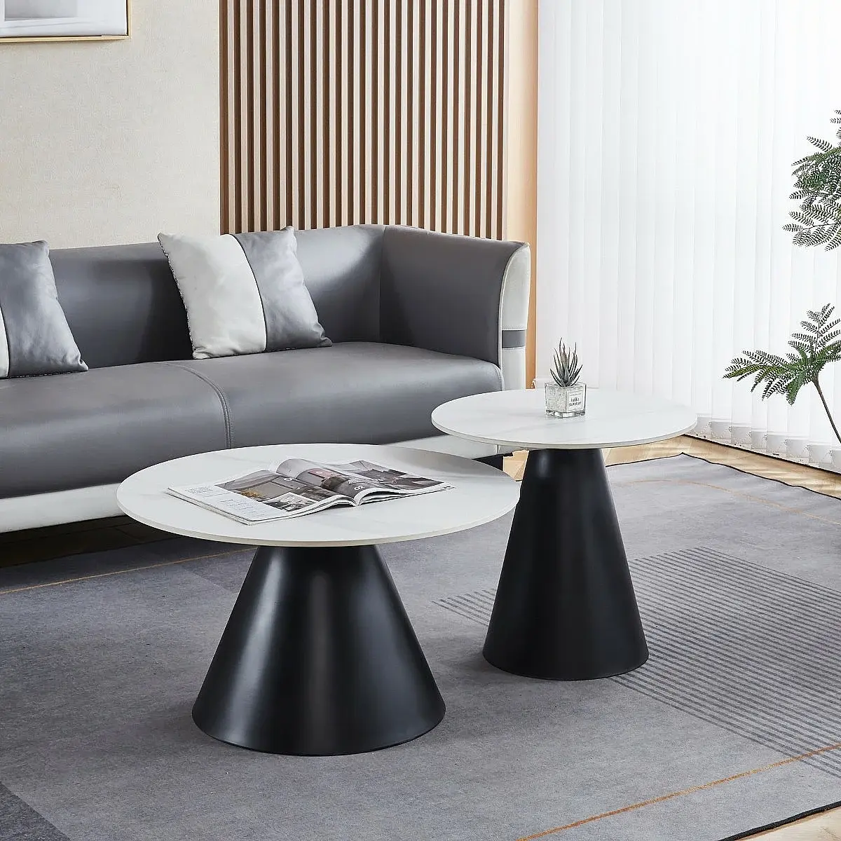 Set 2 mesas centro redondas Sable ceramic blanco/gris pie negro