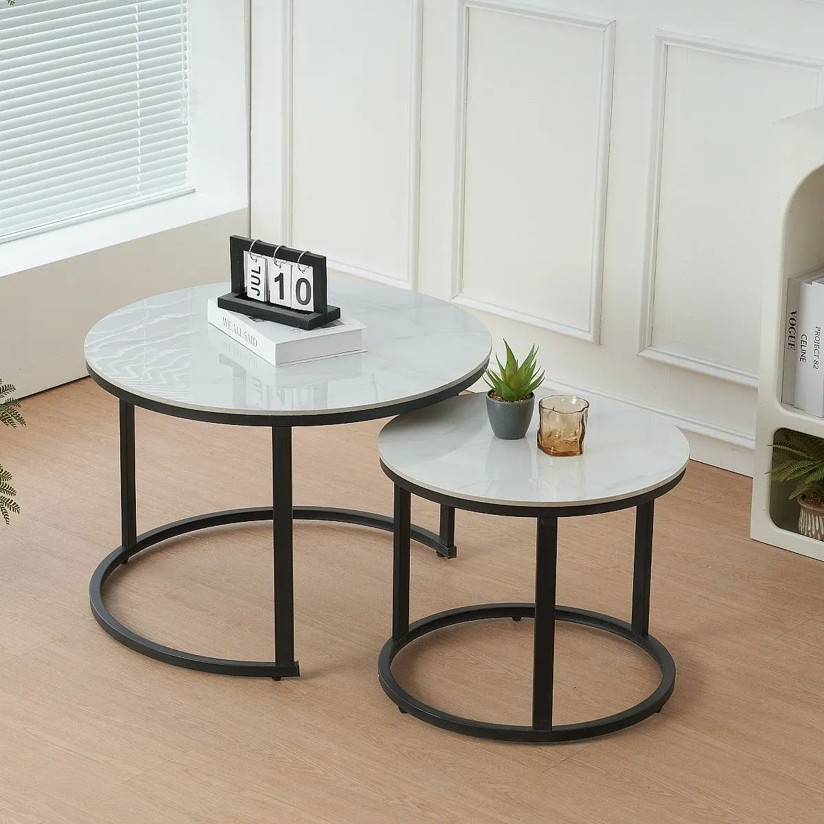 Set 2 mesas centro Aroa ceramic blanco-gris pata negra 70/50