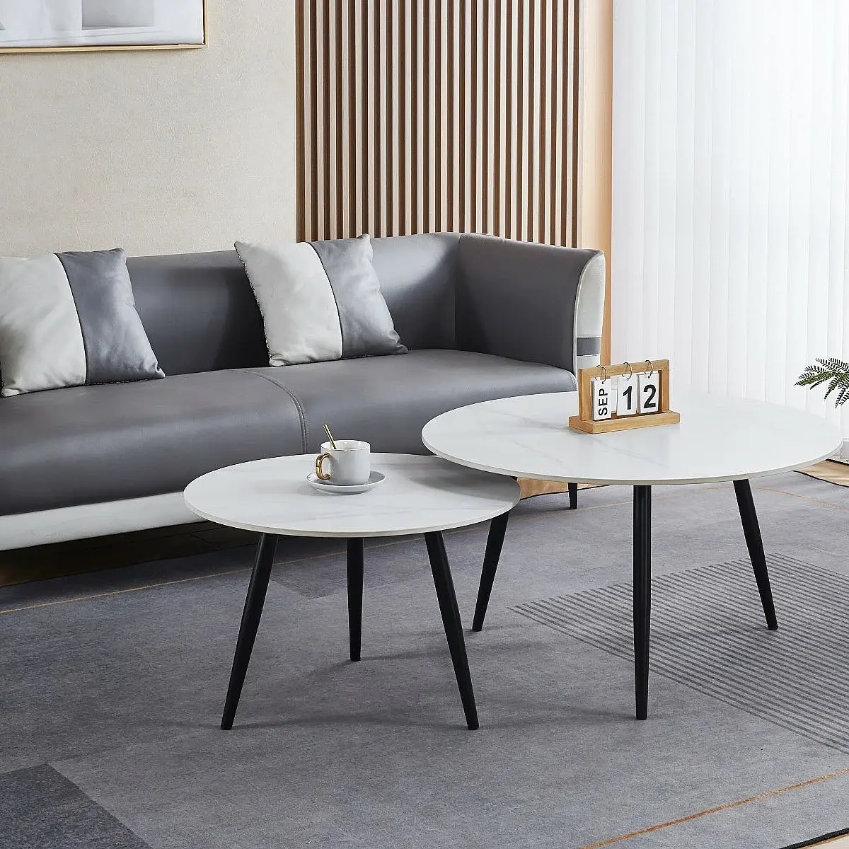 Set 2 mesas centro redondas Costa ceramic blanco/gris