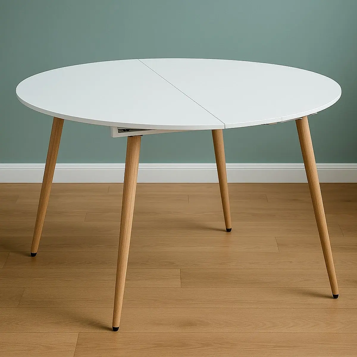 Mesa comedor extensible Lyra redonda 100-140 blanco pata madera