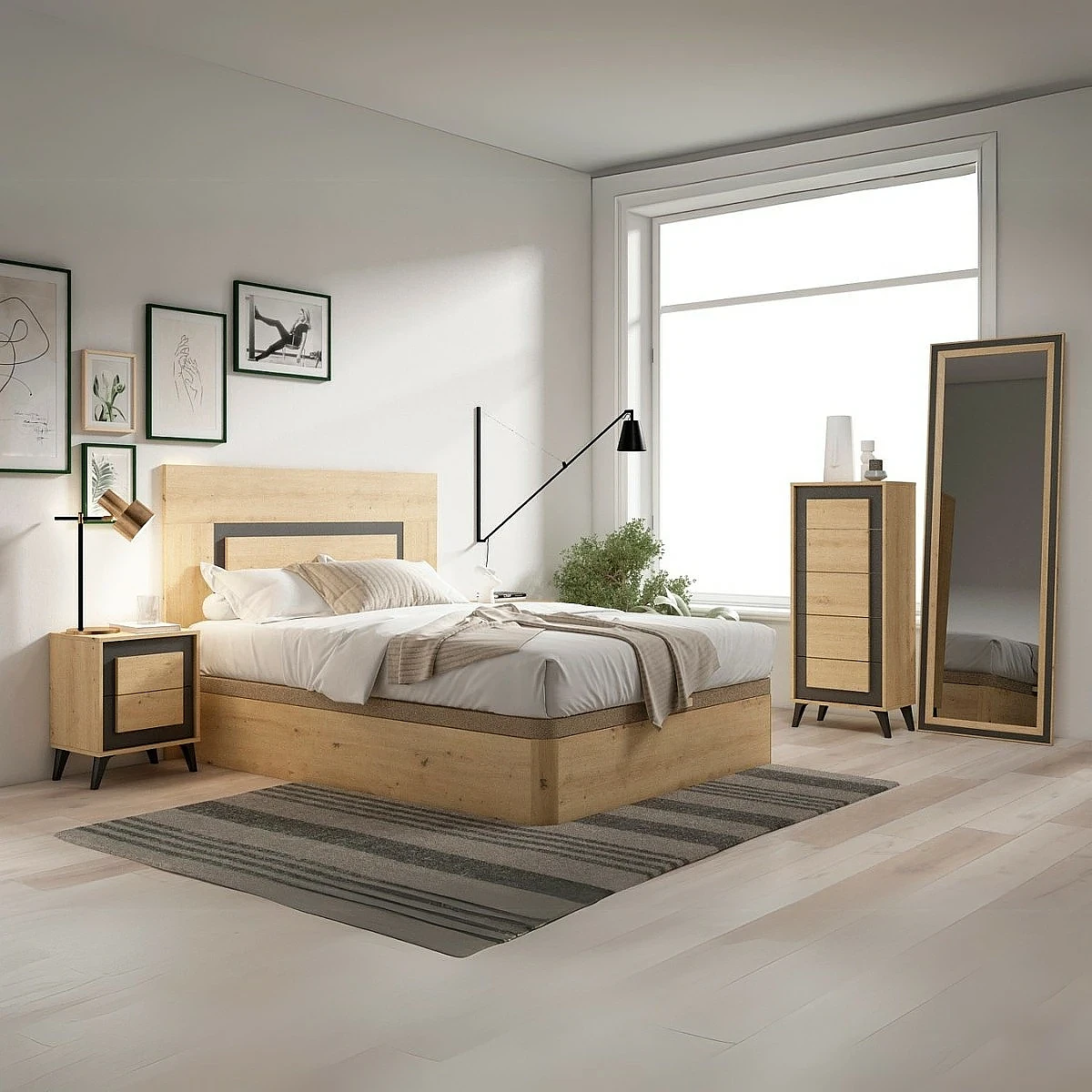 Dormitorio completo modelo Atenea Cabecero + 2 Mesitas + sinfonier + Espejo vertical