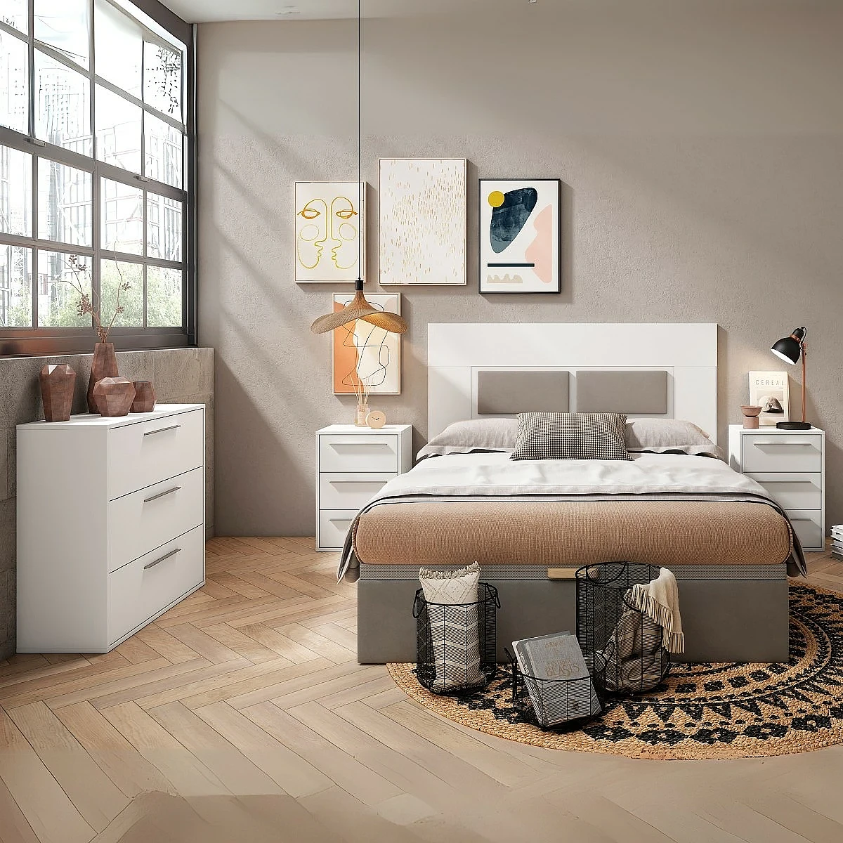 Dormitorio completo modelo Zeus Cabecero + 2 Mesitas 3 cajones + Comoda