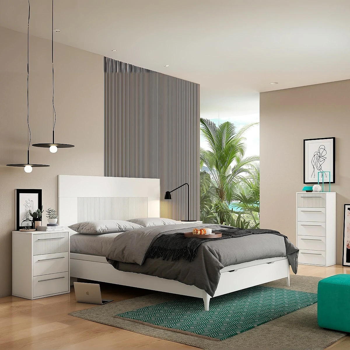 Dormitorio completo modelo Ares Cabecero + 2 Mesitas 3 cajones + Sinfonier