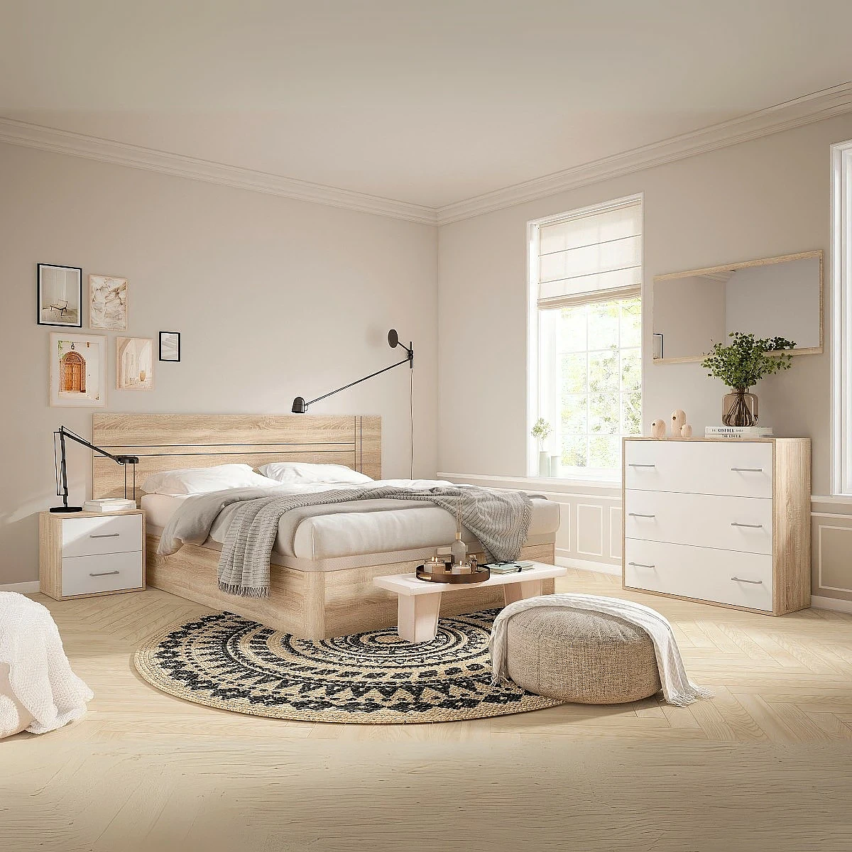 Dormitorio completo modelo Mine Cabecero + 2 Mesitas + Comoda + Espejo horizontal