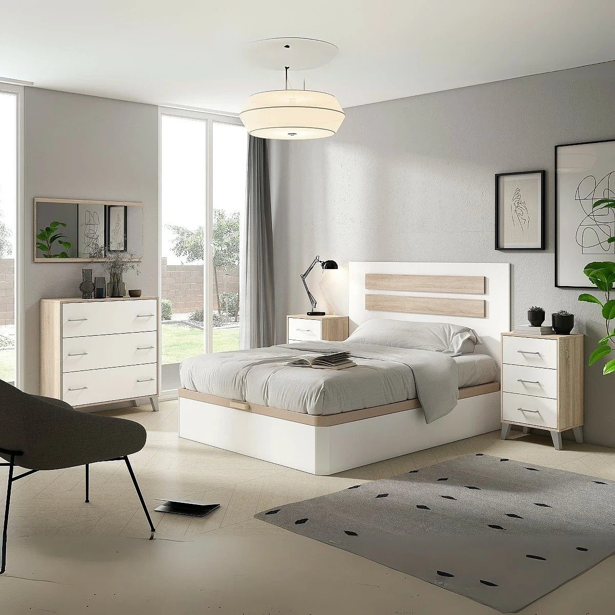 Dormitorio completo modelo Mine Cabecero Koa + 2 Mesitas 3 cajones + Comoda 3 cajones + Espejo horizontal