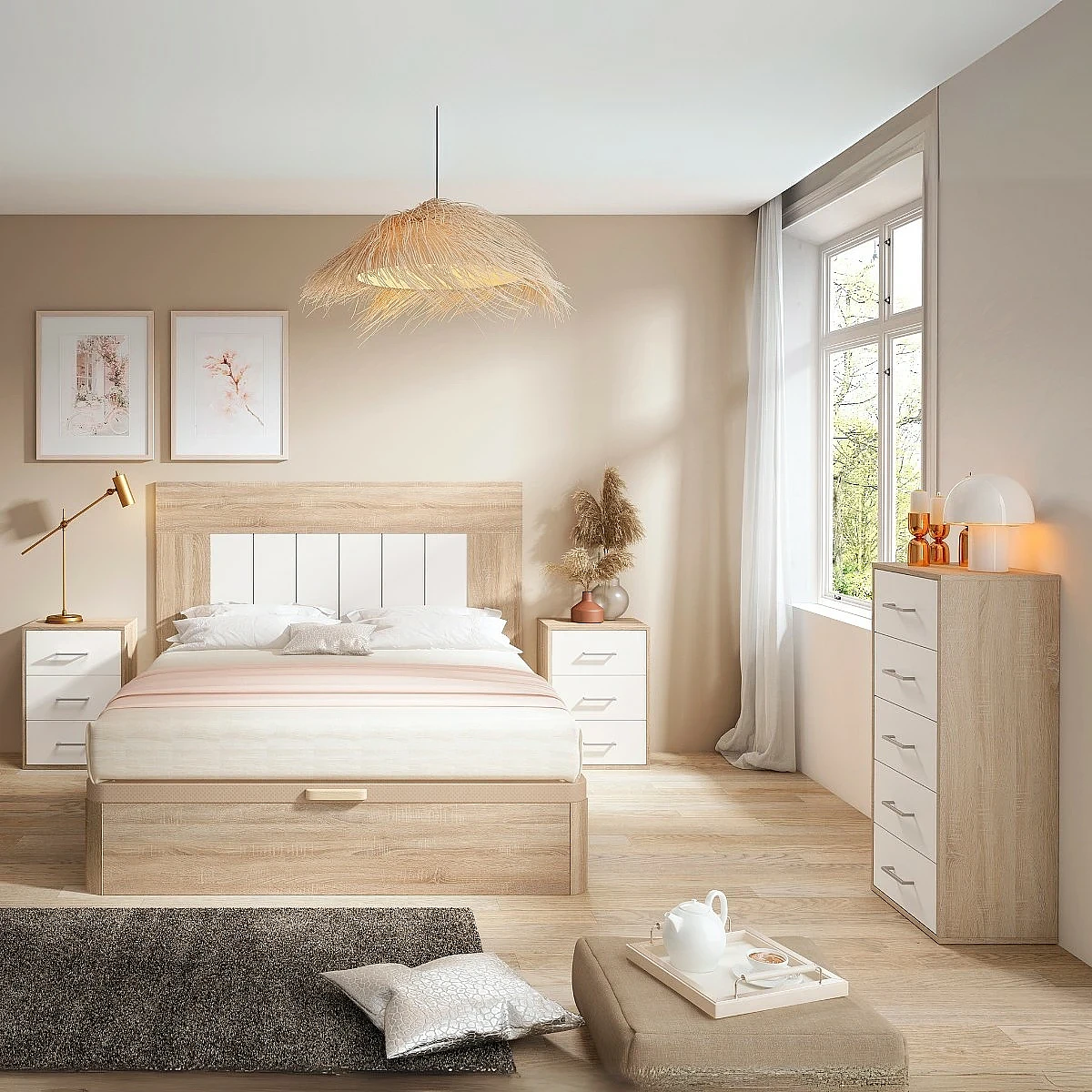 Dormitorio completo modelo Mine Cabecero Karma + 2 Mesitas 3 cajones + Sinfonier