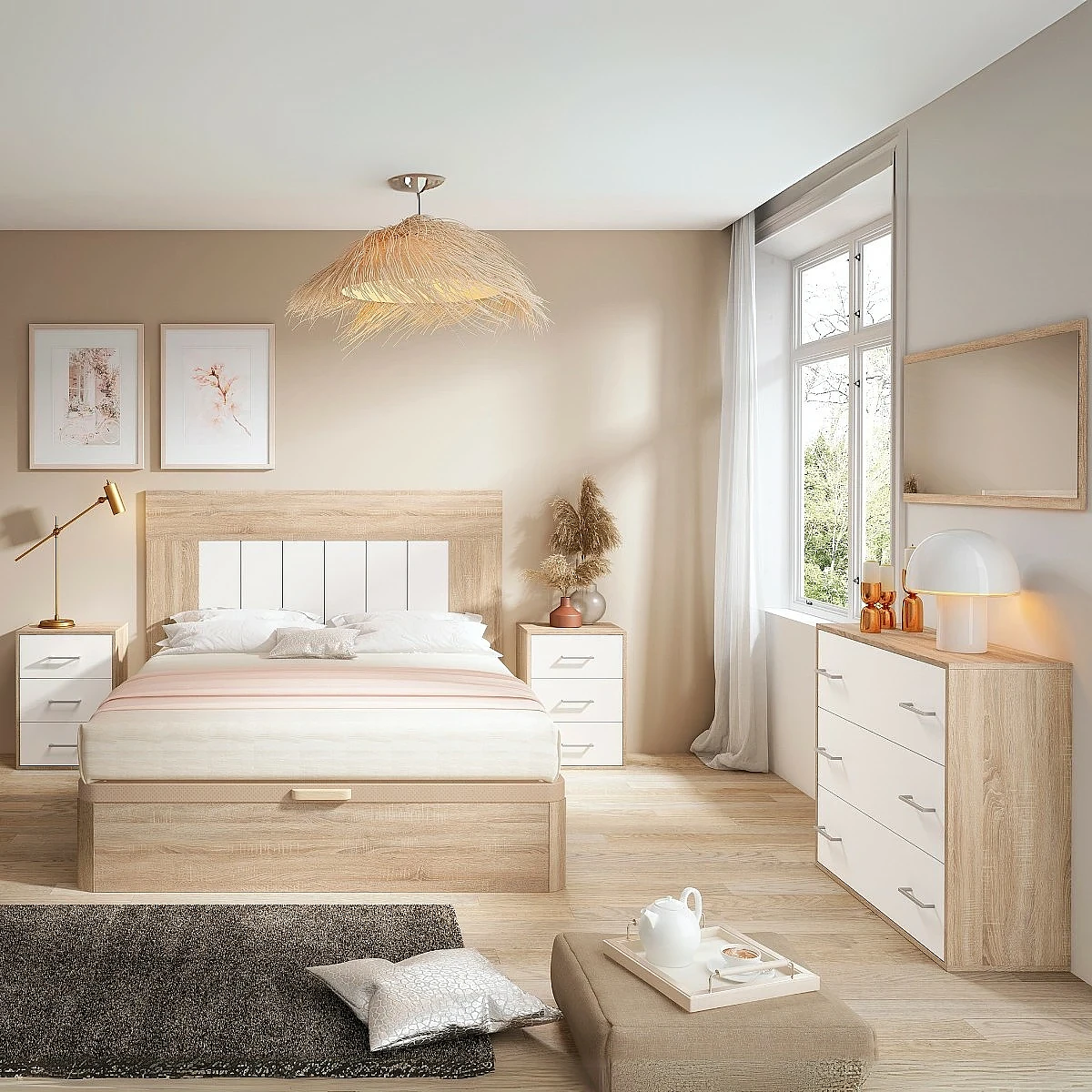 Dormitorio completo modelo Mine Cabecero Karma + 2 Mesitas 3 cajones + Comoda + Espejo horizontal