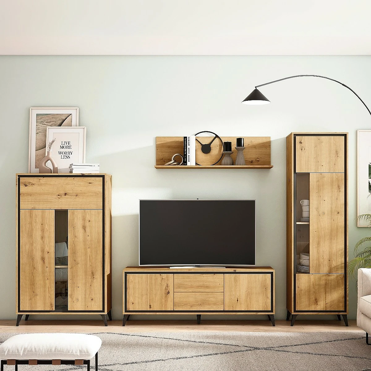 Salón completo modelo Atenea Vitrina alta + Mueble tv + Galería + Vitrina alta