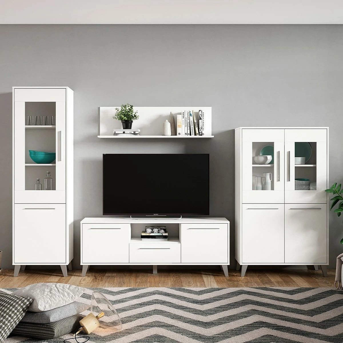 Salón completo modelo Zeus Vitrina alta + Mueble tv + Galería + Vitrina ancha