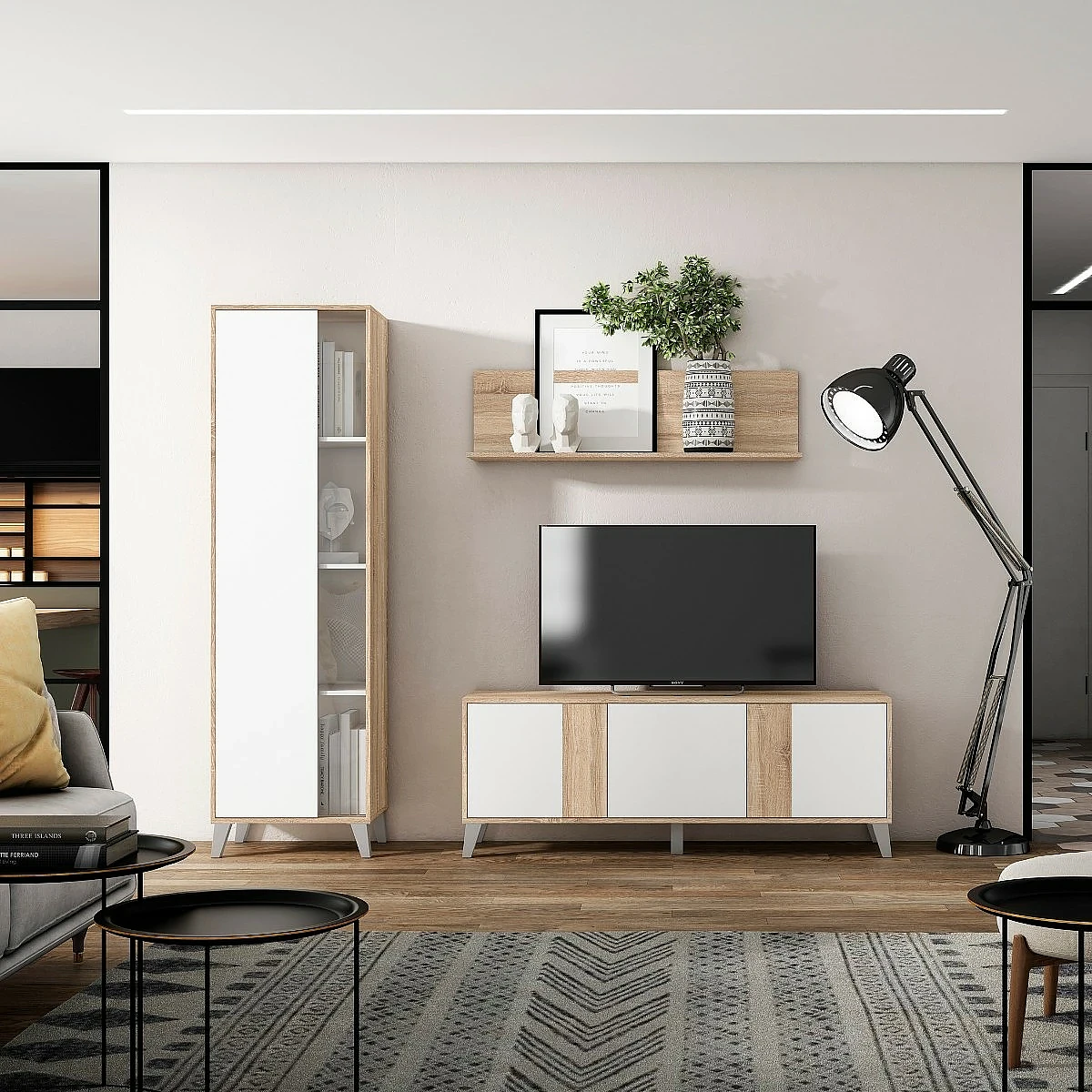 Salón completo Neo Vitrina alta + Mueble tv + Galería