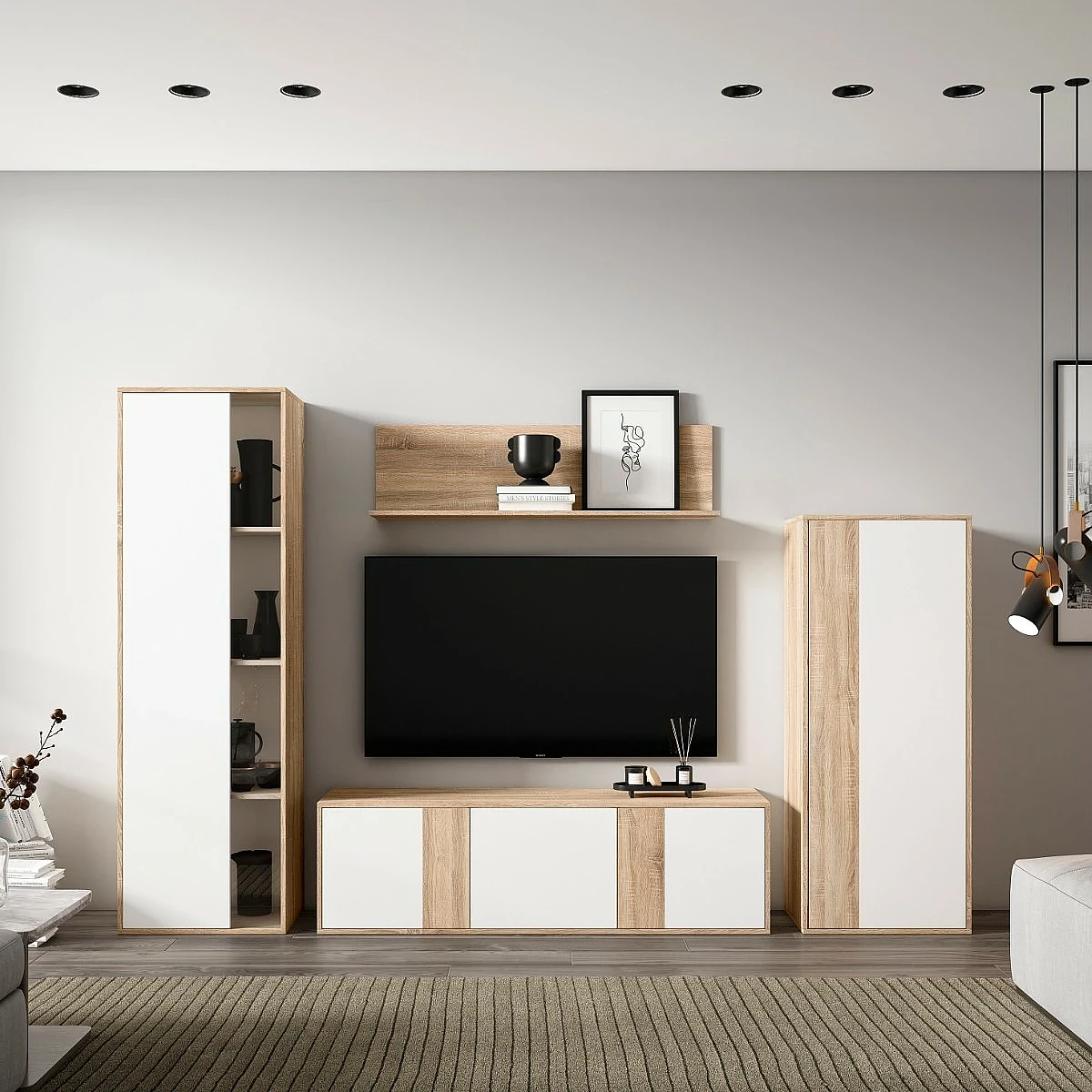 Salón completo Neo Vitrina alta + Mueble tv + Galería + Buffet