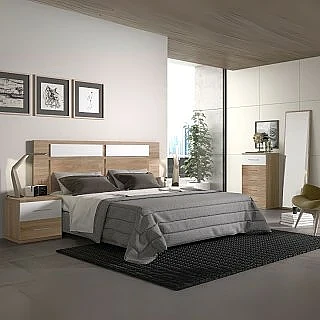 Dormitorio completo Lisboa con cabecero, 2 mesitas, sinfonier y espejo