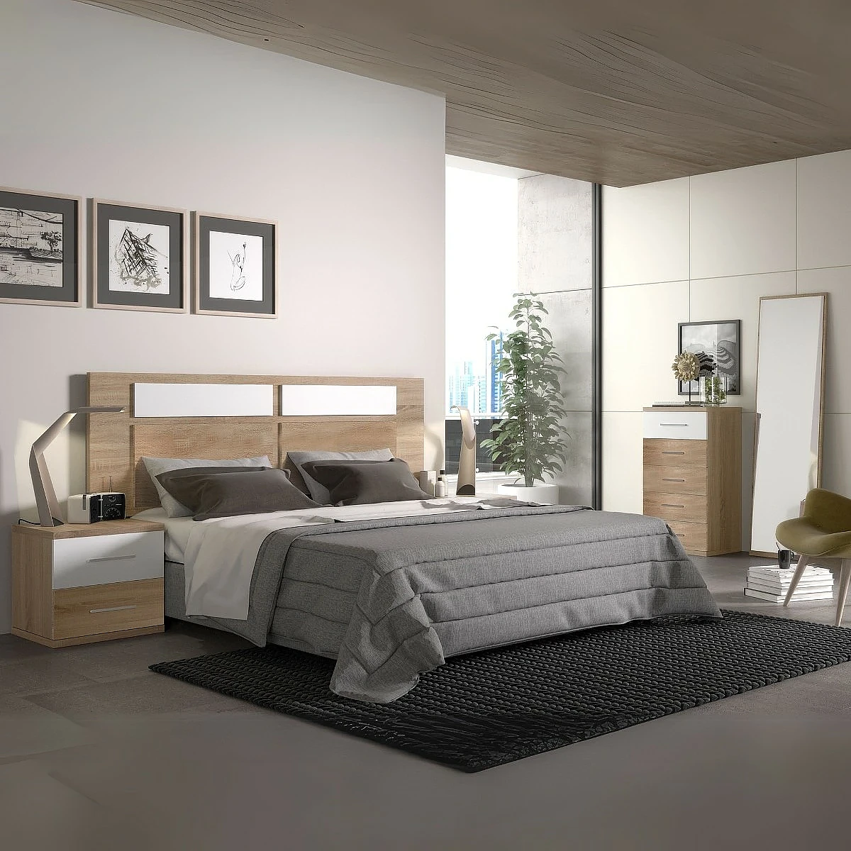 Dormitorio completo Lisboa con cabecero, 2 mesitas, sinfonier y espejo