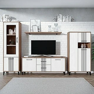 Conjunto salón Dakota con vitrina, bajo tv, bodeguero y estante