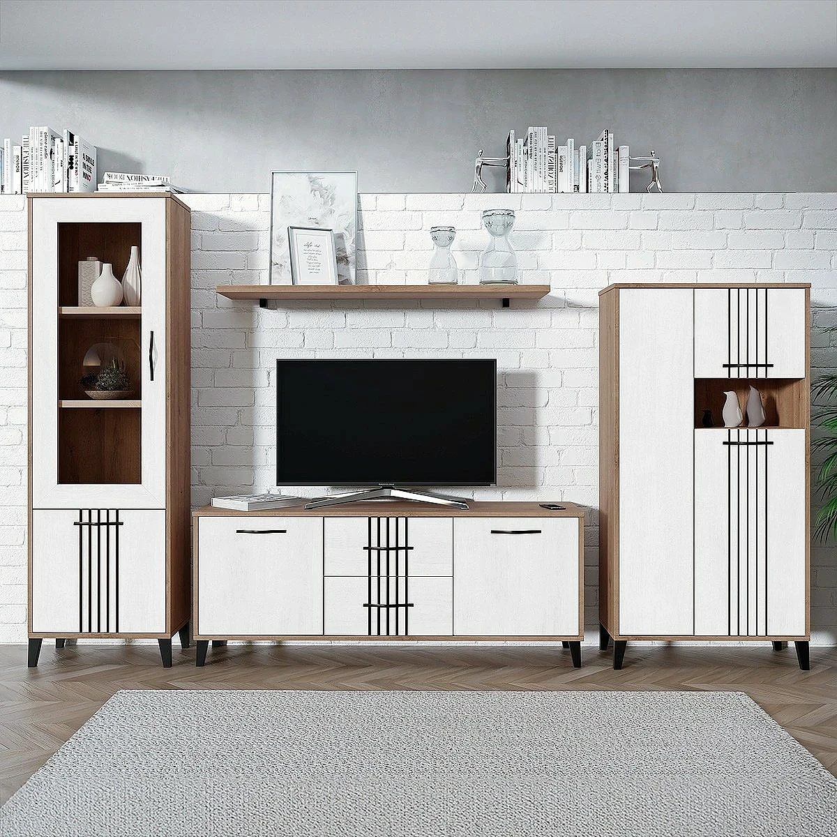 Conjunto salón Dakota con vitrina, bajo tv, bodeguero y estante