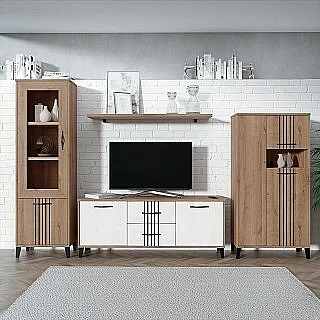 Conjunto salón Dakota con vitrina, bajo tv, bodeguero y estante