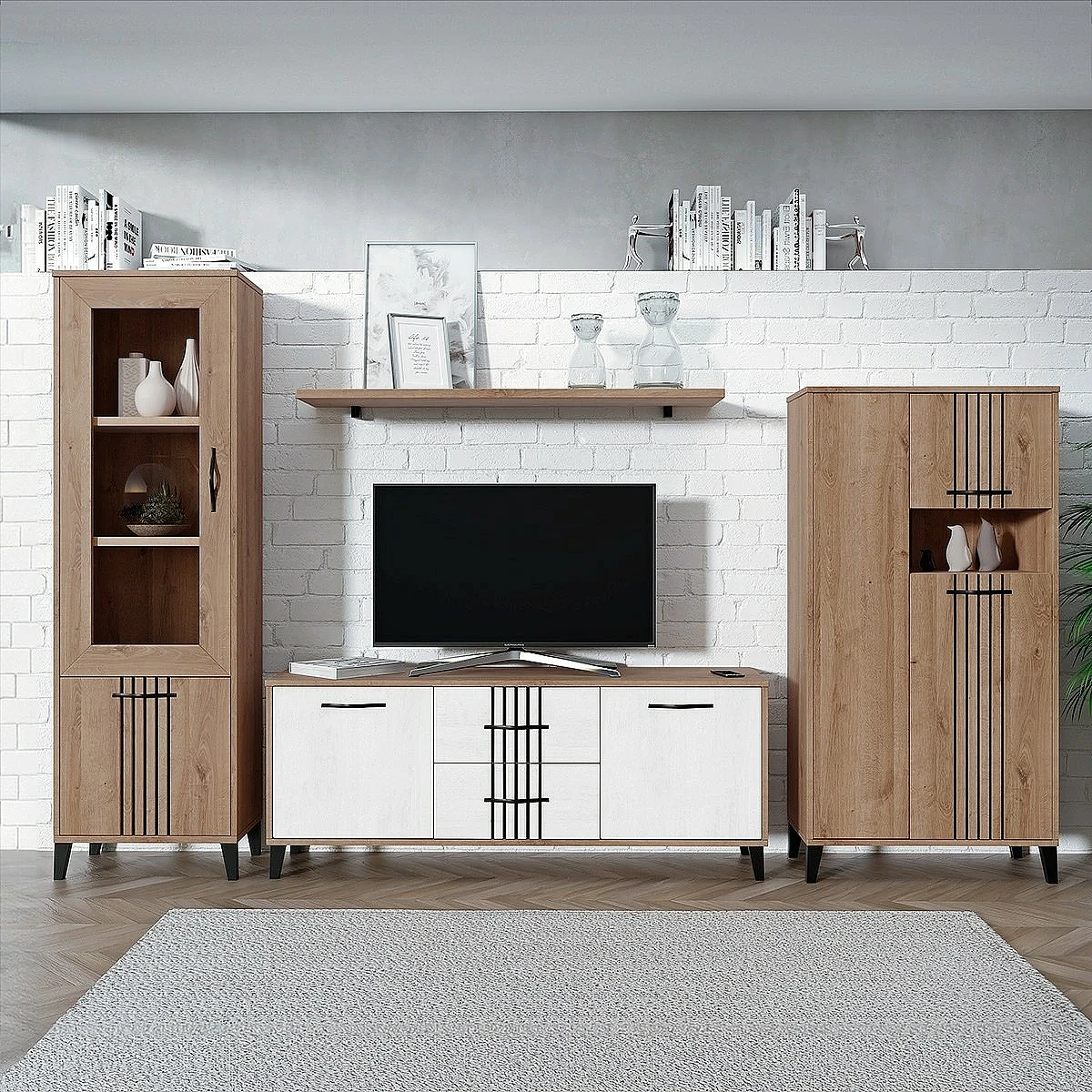 Conjunto salón Dakota con vitrina, bajo tv, bodeguero y estante