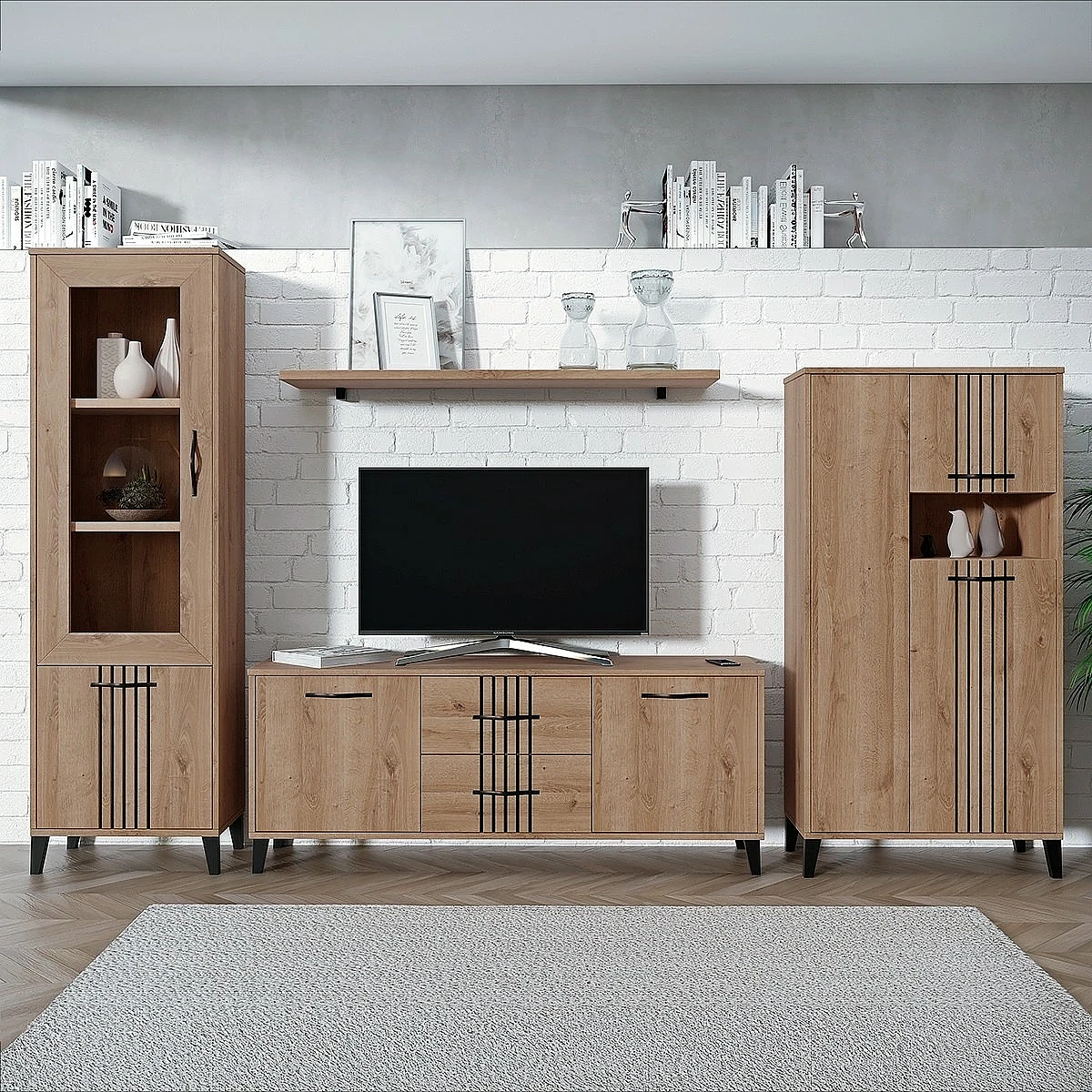 Conjunto salón Dakota con vitrina, bajo tv, bodeguero y estante