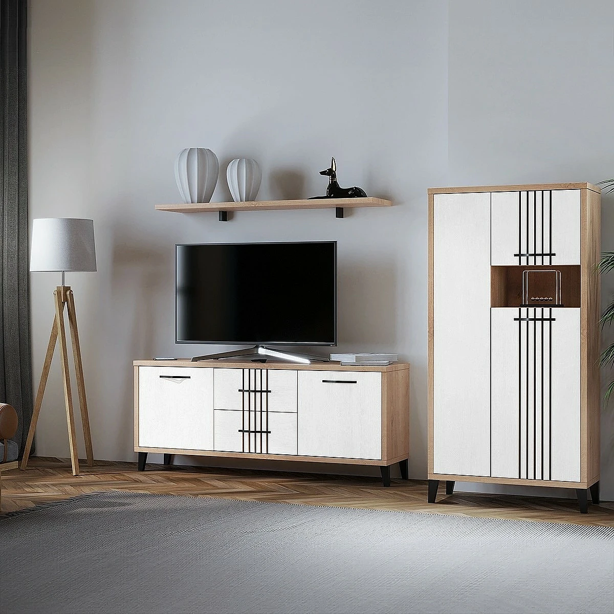 Conjunto salón Dakota con bajo tv bodeguero y estante