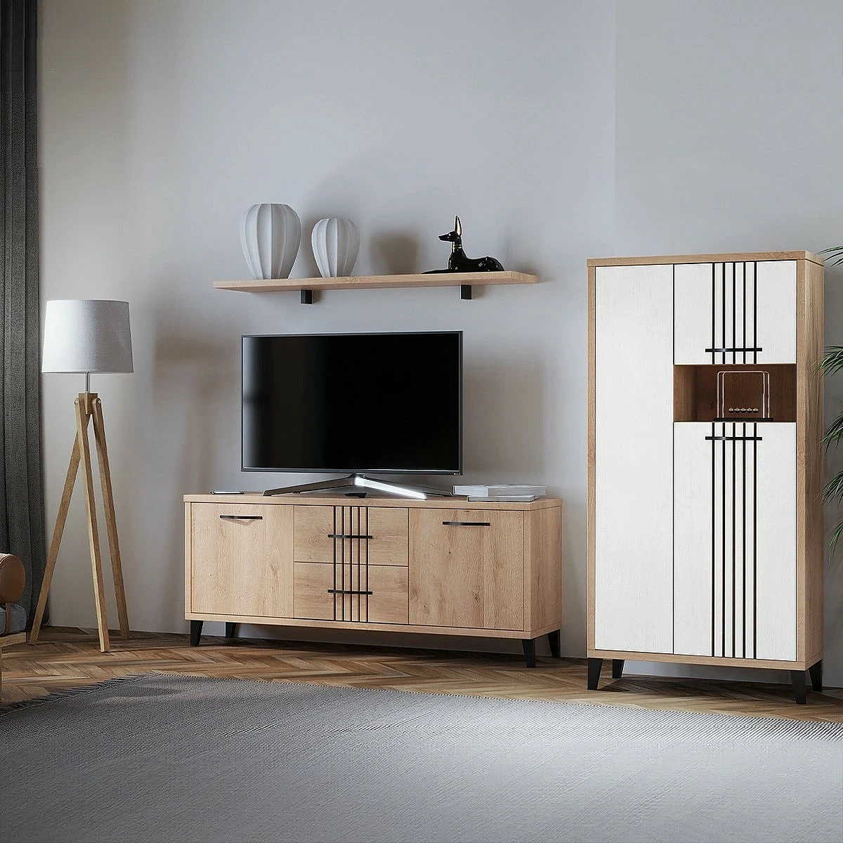 Conjunto salón Dakota con bajo tv bodeguero y estante
