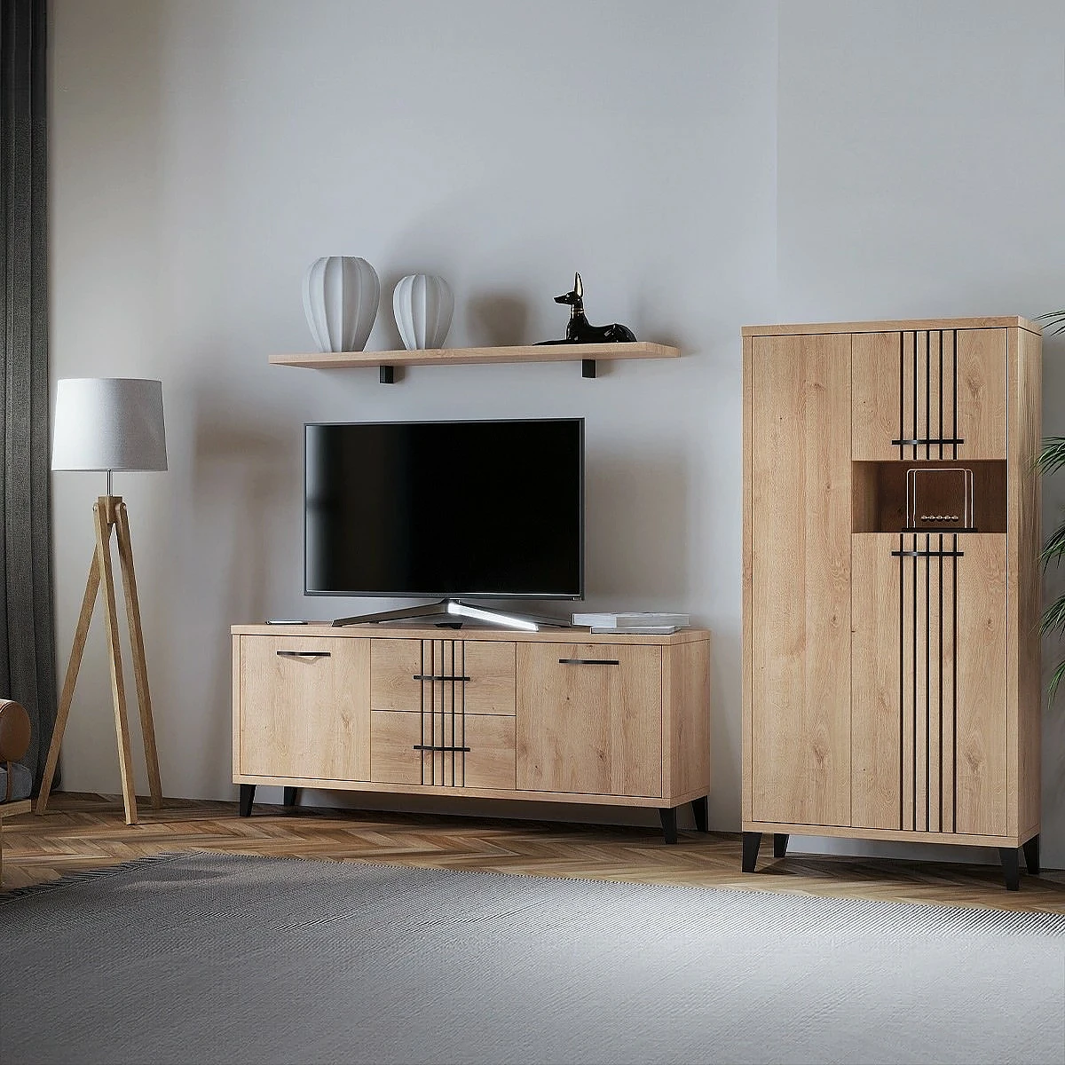 Conjunto salón Dakota con bajo tv bodeguero y estante