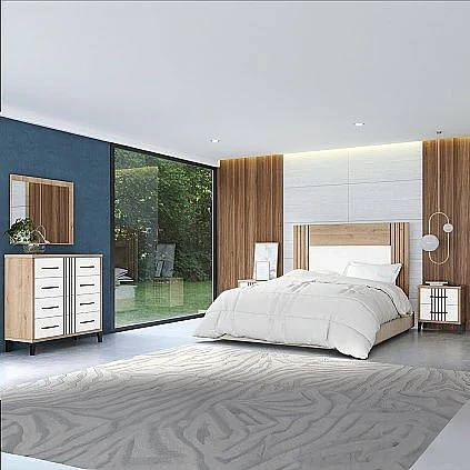 Conjunto dormitorio Dakota cpn cabecero, 2 mesitas, comoda y espejo